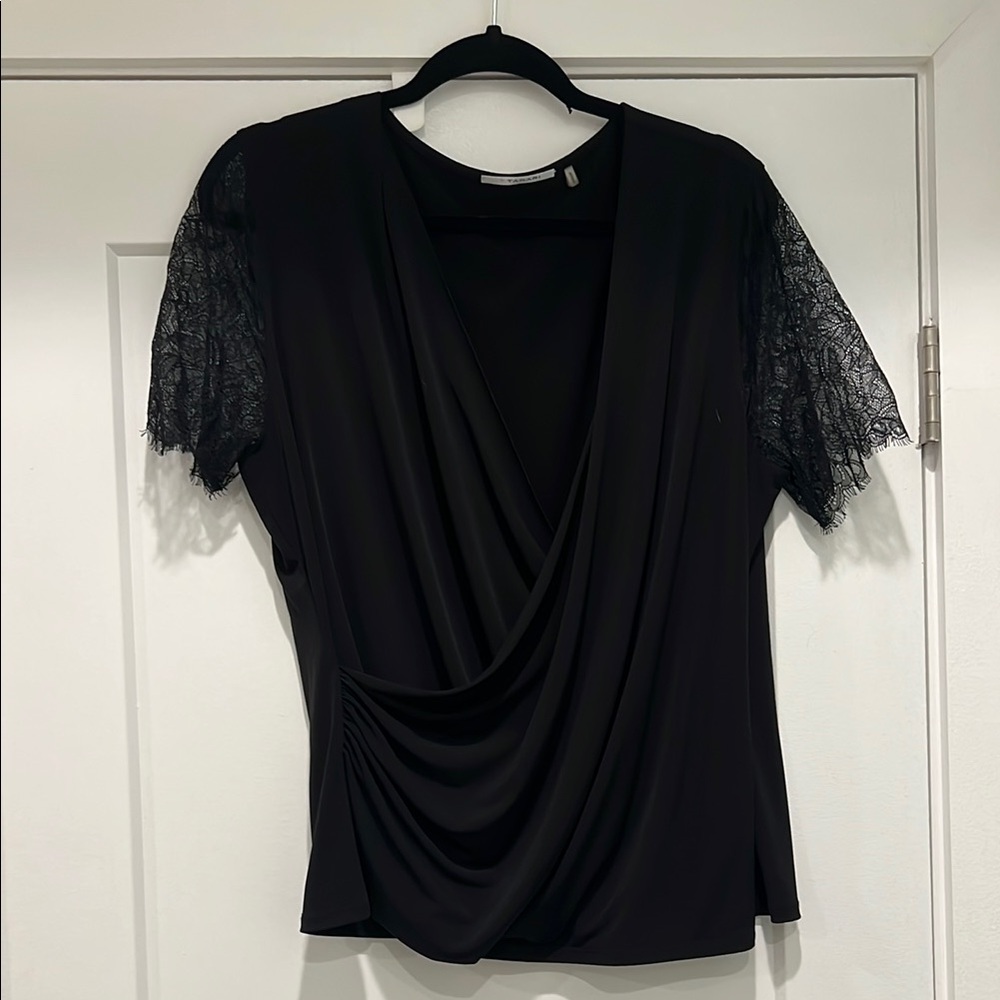 T Tahari Black Asymmetrical Ruched Cap Sleeve Blouse